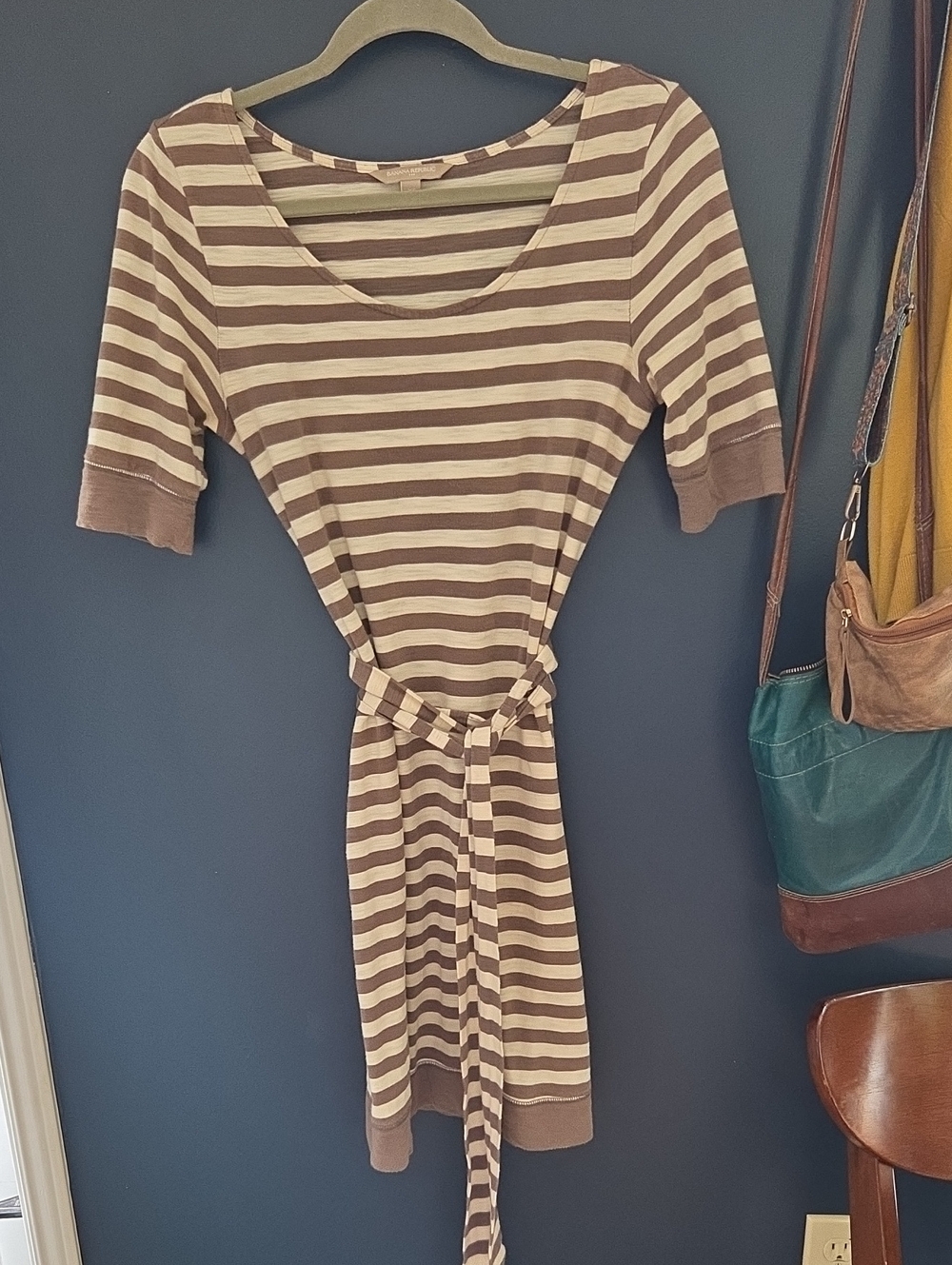 Banana Republic Brown and Cream Striped Midi Tie-Waist Dress